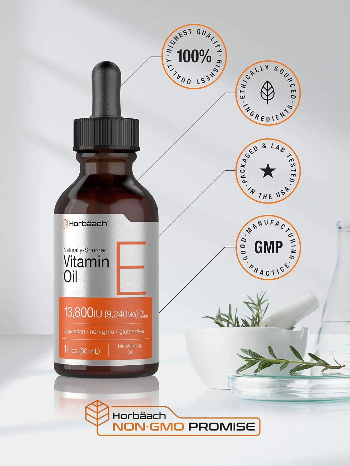 Horbäach Aceite de Vitamina E, 13,800 UI, 28 ml (1 oz) - Suplemento Líquido Natural, Vegetariano, Sin OGM y Sin Gluten