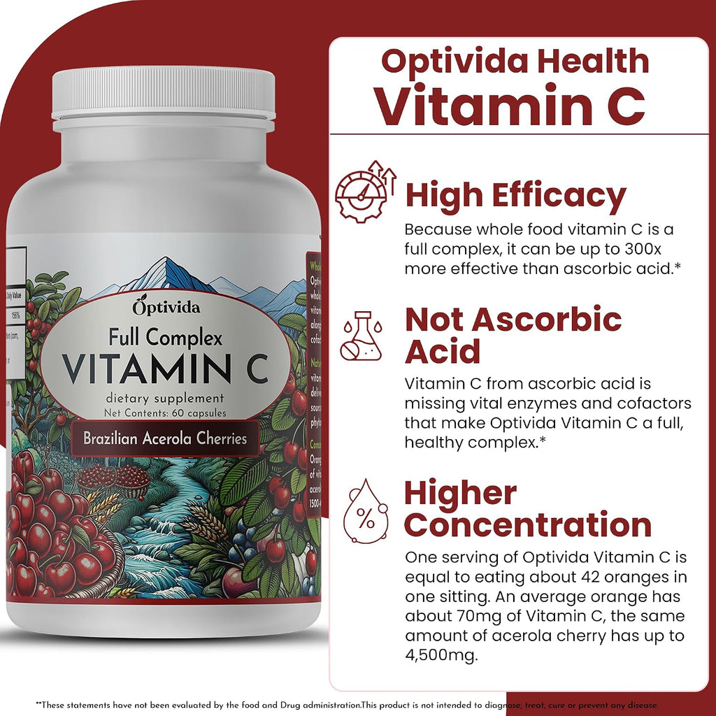 OPTIVIDA Acerola Cherry Cápsulas 60 Días – Vitamina C Vegetal