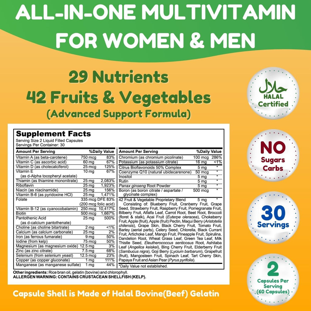 SHIFAA NUTRITION Multivitamínico Halal para Mujeres, Hombres y Adultos | 30 Cápsulas Líquidas con Hierro, Vitaminas A, B6, B12, Biotina, Niacina, C, D3, E, Zinc, Calcio, Ácido Fólico, CoQ10
