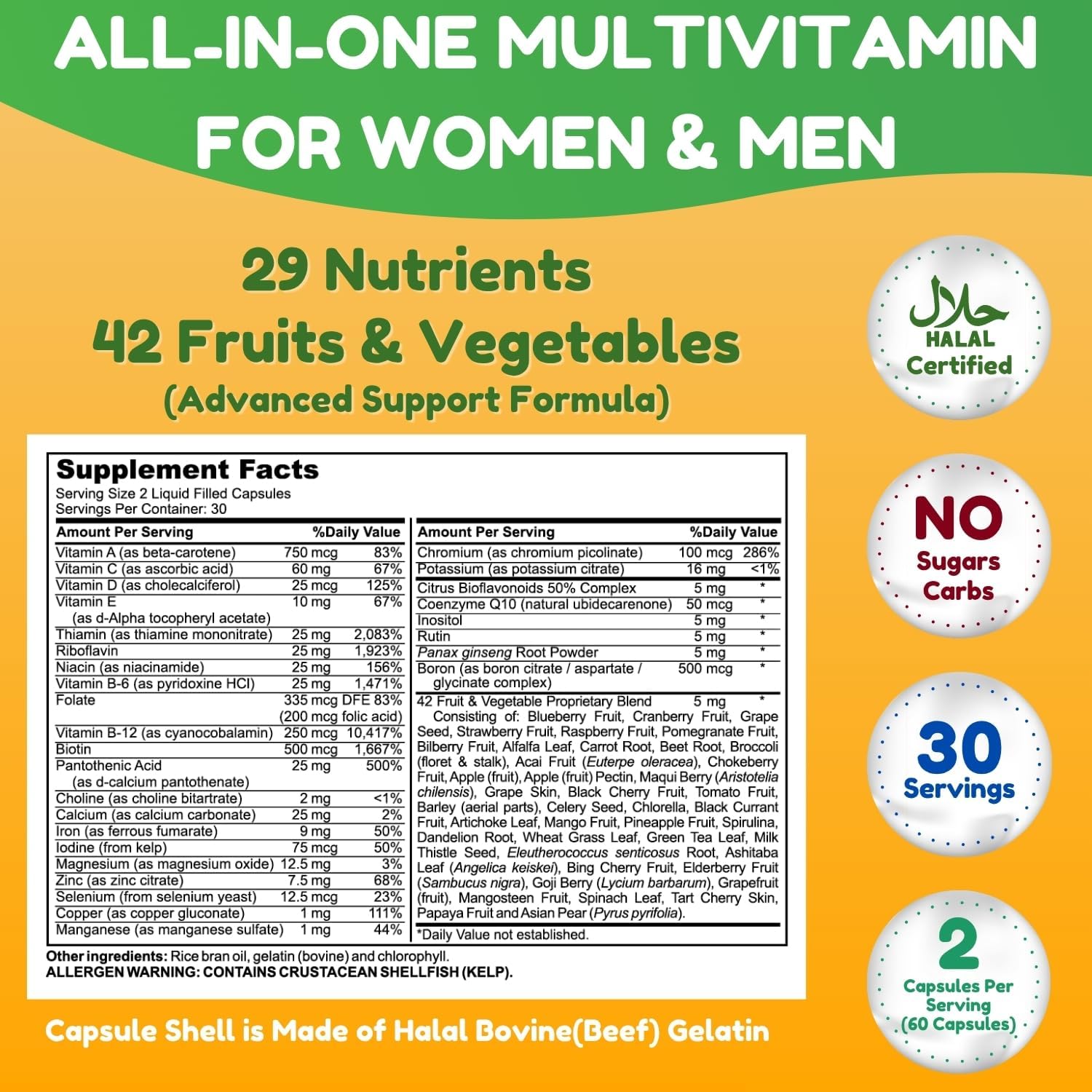 SHIFAA NUTRITION Multivitamínico Halal para Mujeres, Hombres y Adultos | 30 Cápsulas Líquidas con Hierro, Vitaminas A, B6, B12, Biotina, Niacina, C, D3, E, Zinc, Calcio, Ácido Fólico, CoQ10