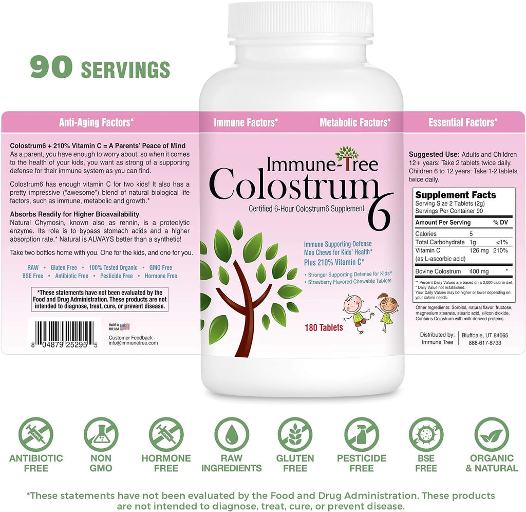 Immune Tree Moo Chews for Kids - 180 Strawberry Colostrum Chewable Tablets