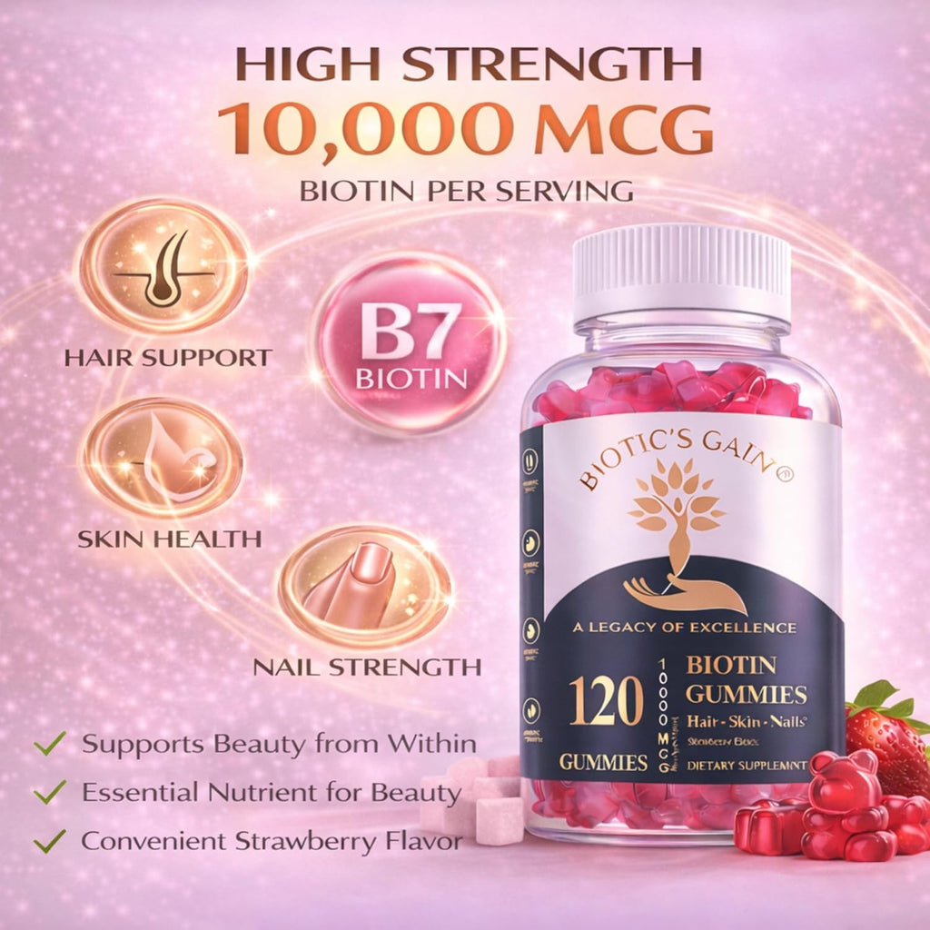 Biotic's Gain Biotin Gummies, 10000 mcg, Apoyo para Cabello, Piel y Uñas, con Vitaminas A C D E B6 B12 y Zinc, Vegano, Sin Azúcar, 120 Gominolas