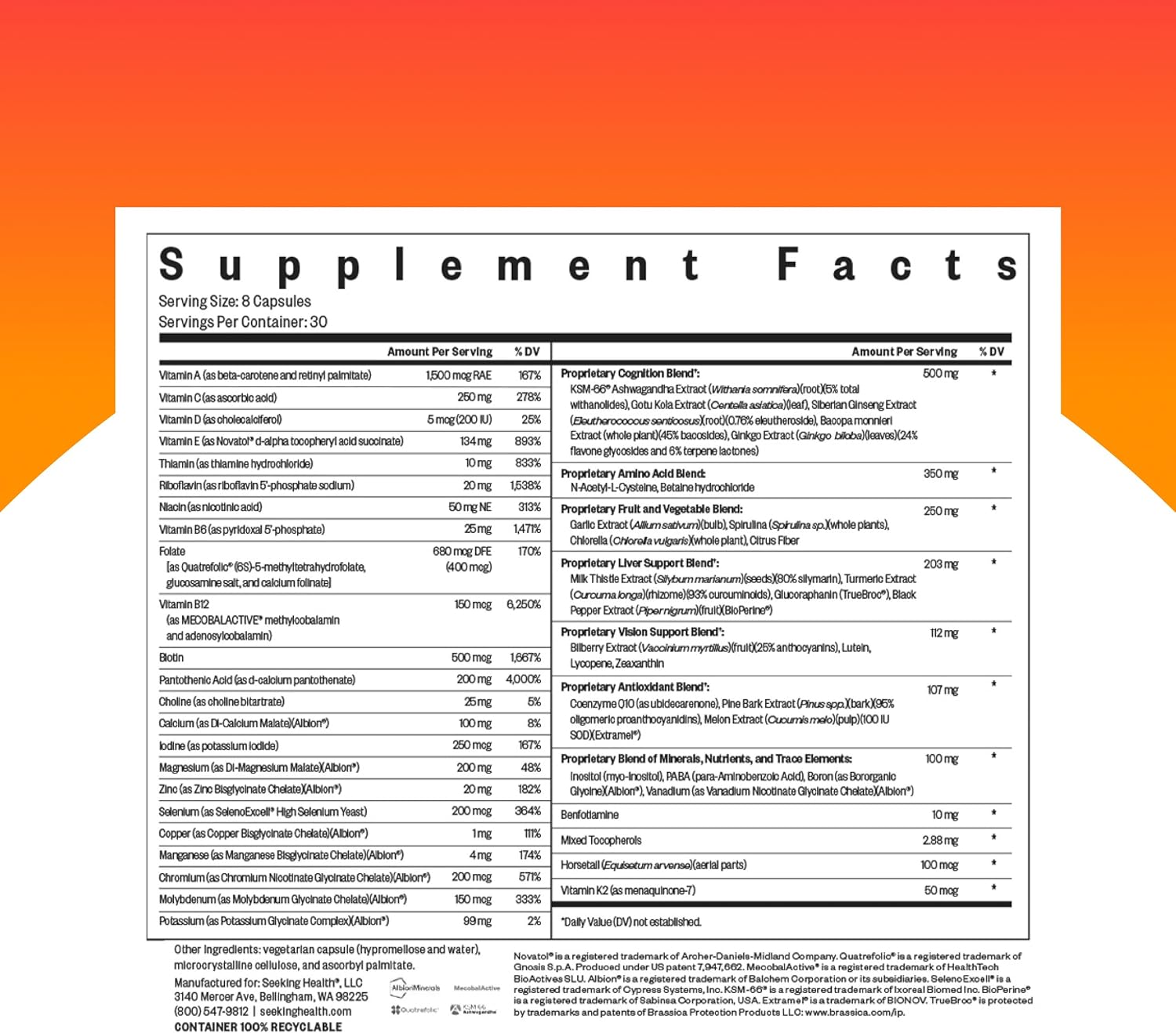 Seeking Health Multivitamínico Óptimo - Vitaminas B Activas, L-5-MTHF, CoQ10, Apoyo a la Metilación (240 Cápsulas)