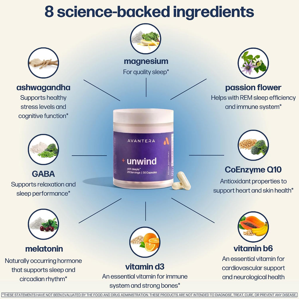 Avantera Unwind - Suplemento para el Estrés y el Sueño - Magnesio, Melatonina, Ashwagandha - 56 Cápsulas Veganas