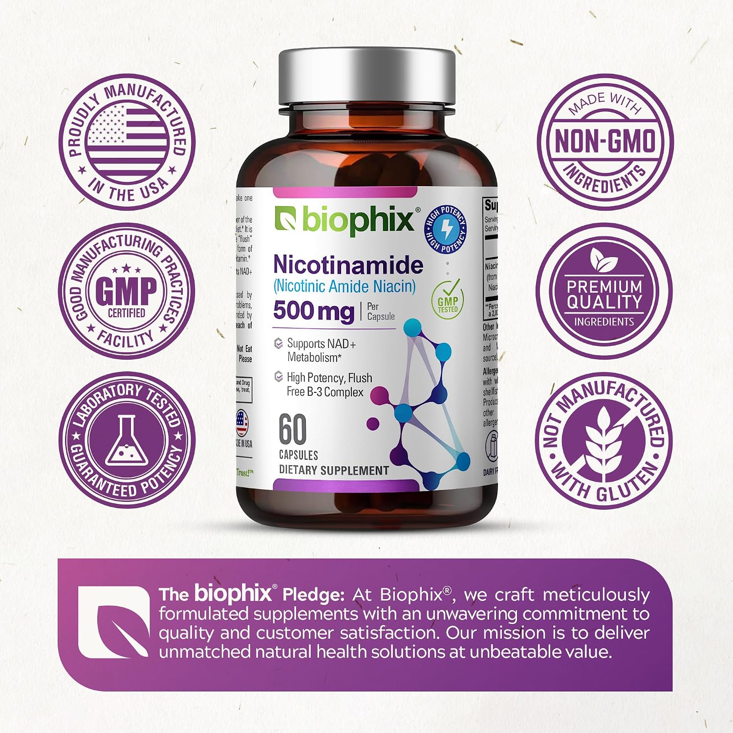 biophix B-3 Nicotinamida 500 mg 60 Cápsulas - Nicotinamida Pura Sin Enrojecimiento - Apoyo a la Salud de la Piel y Energía