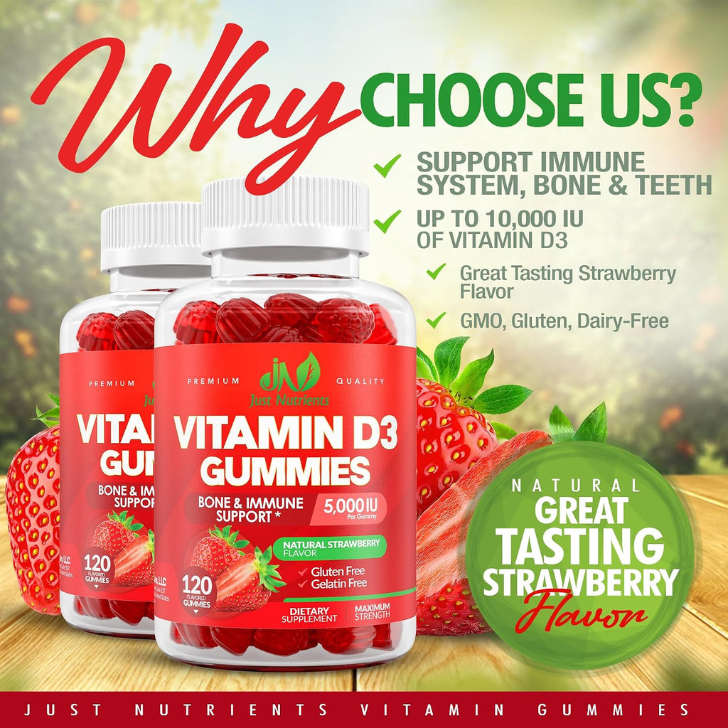 Gomitas de Vitamina D3 5000 UI - Just Nutrients - 120 Gomitas con Sabor a Fresa - Sin Gluten, No GMO