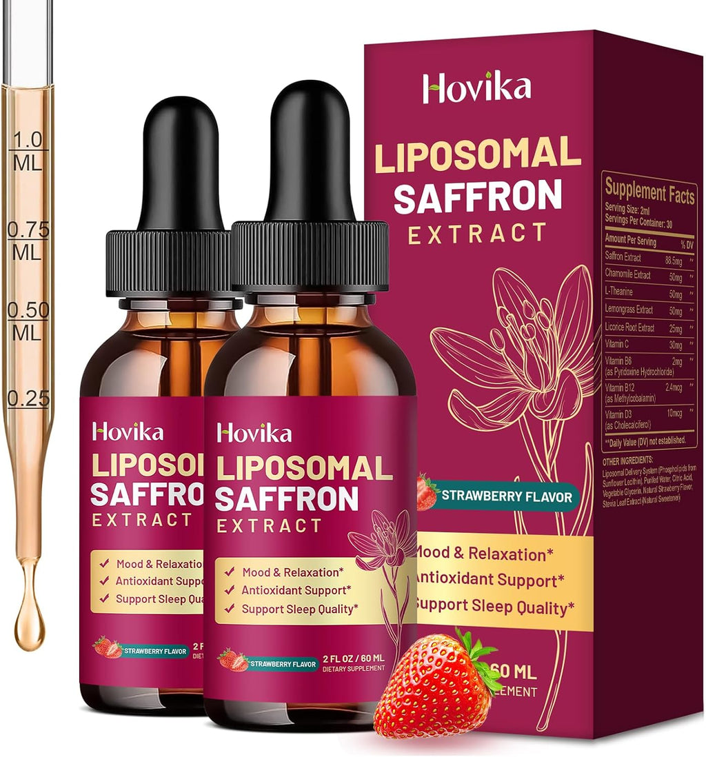 Hovika Suplemento de Azafrán Liposomal - 88.5 mg Extracto de Azafrán con L-Teanina, Manzanilla, Vitaminas C, B6, B12 y D3 - Apoyo al Estado de Ánimo, Energía y Enfoque - 60 ml Sabor Fresa
