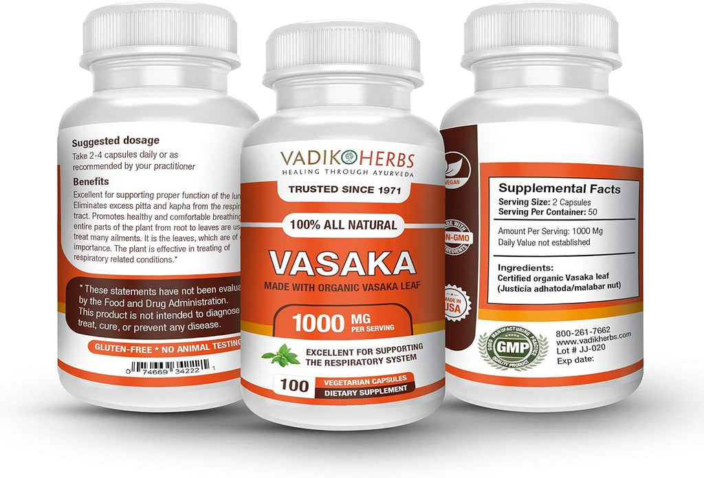 Vadik Herbs Vasaka Organic (Justicia adhatoda) 100 Cápsulas Vegetales