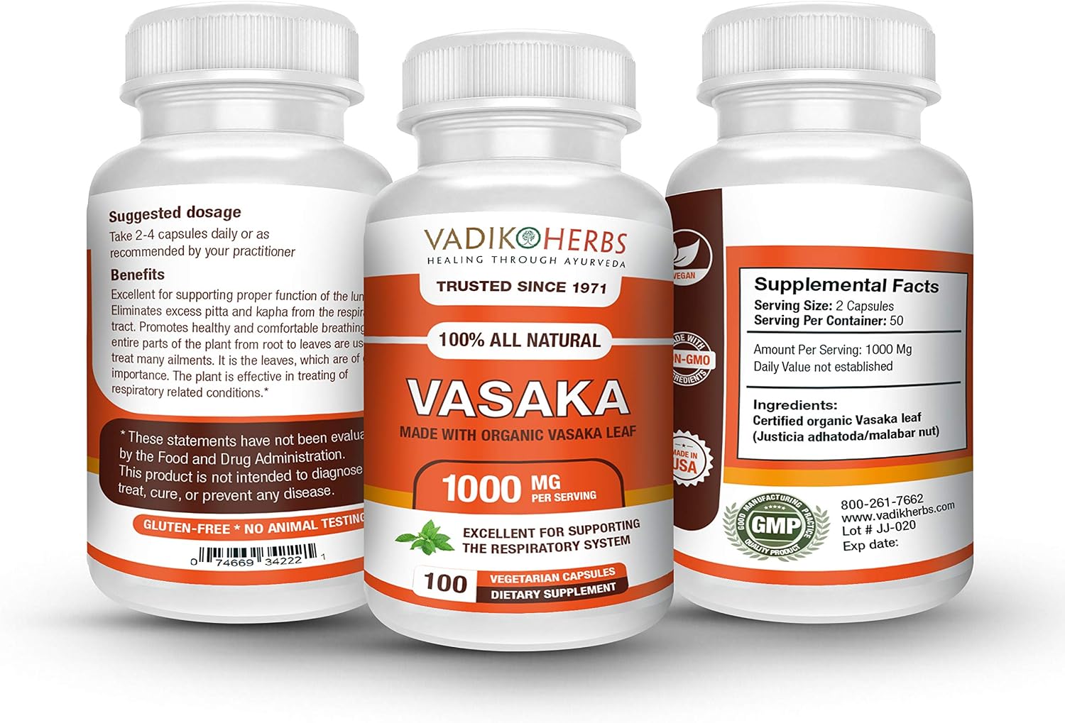 Vadik Herbs Vasaka Organic (Justicia adhatoda) 100 Cápsulas Vegetales