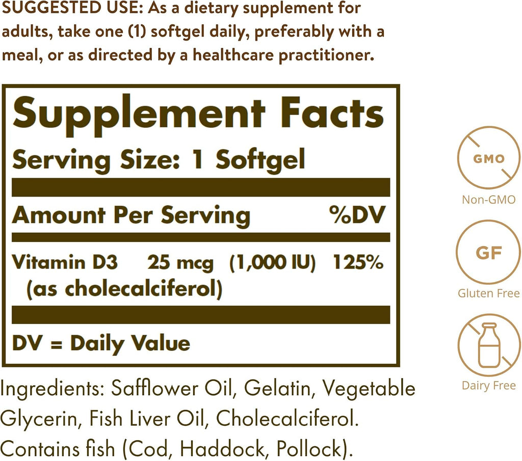 Solgar Vitamina D3 (Colecalciferol) 25 mcg (1000 UI), 100 Cápsulas Blandas