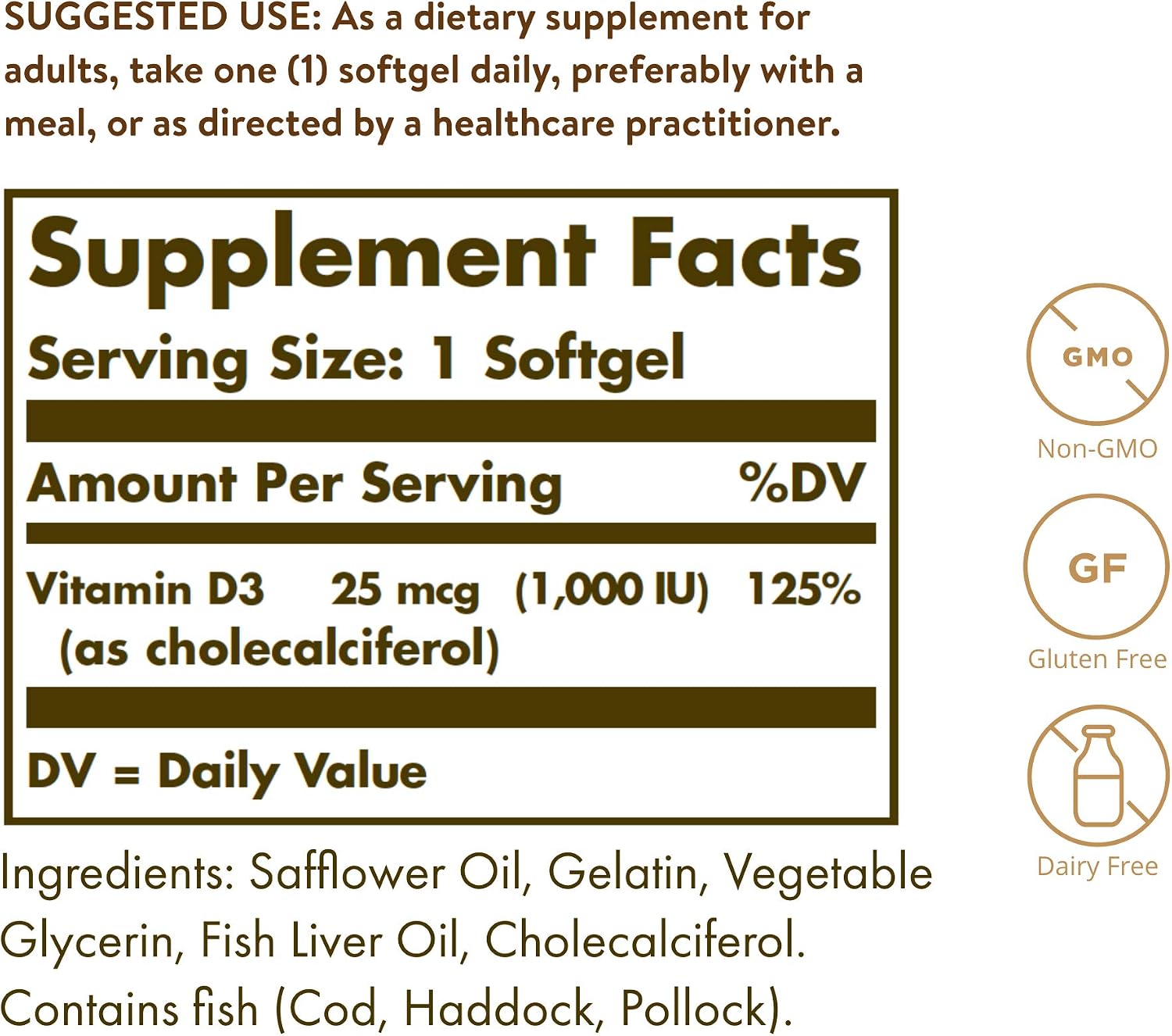 Solgar Vitamina D3 (Colecalciferol) 25 mcg (1000 UI), 100 Cápsulas Blandas