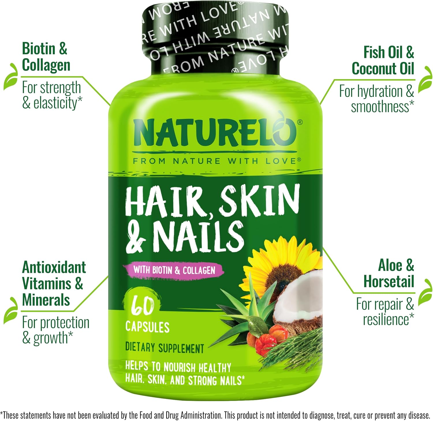 NATURELO Vitaminas para Cabello, Piel y Uñas - 5000 mcg Biotina, Colágeno, Vitamina E - 60 Cápsulas