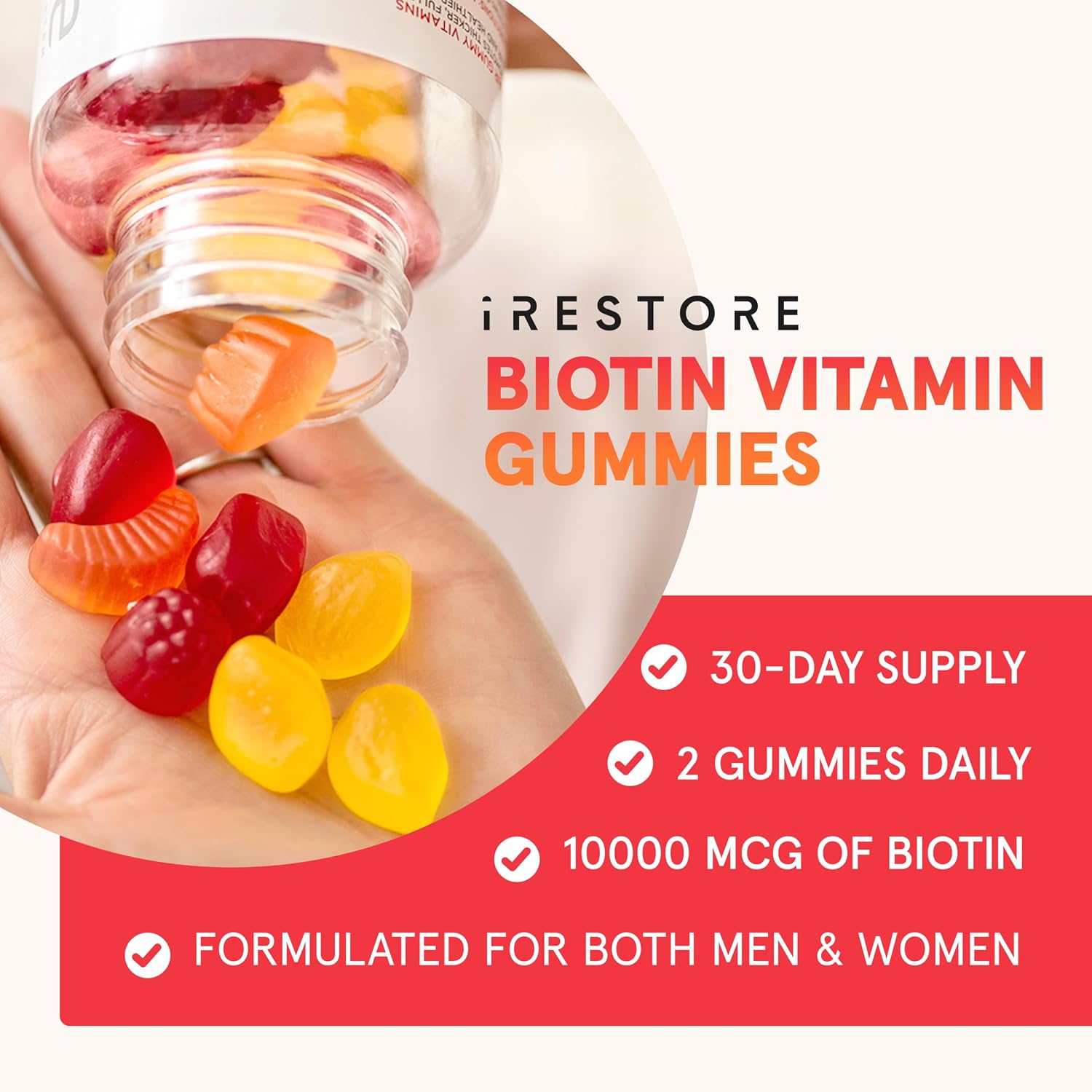 iRestore Biotin Gummies 10,000 mcg - Gominolas de Biotina para Cabello, Piel y Uñas - 60 Gominolas Veganas