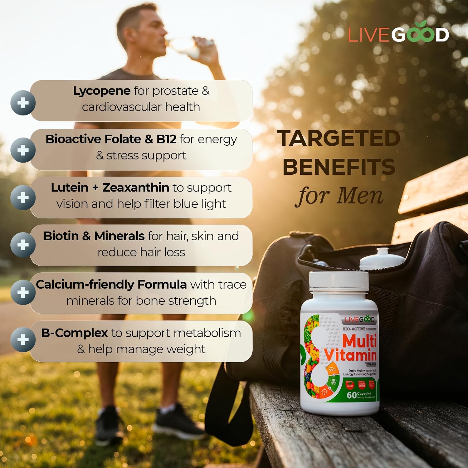 LiveGood Bio-Active Complete Multivitamin for Men, Daily Men’s Multi with 24 Essential Vitamins and Minerals for Energy, Immunity, Heart and Bone Support, Complete Men’s Formula (60 Capsules)