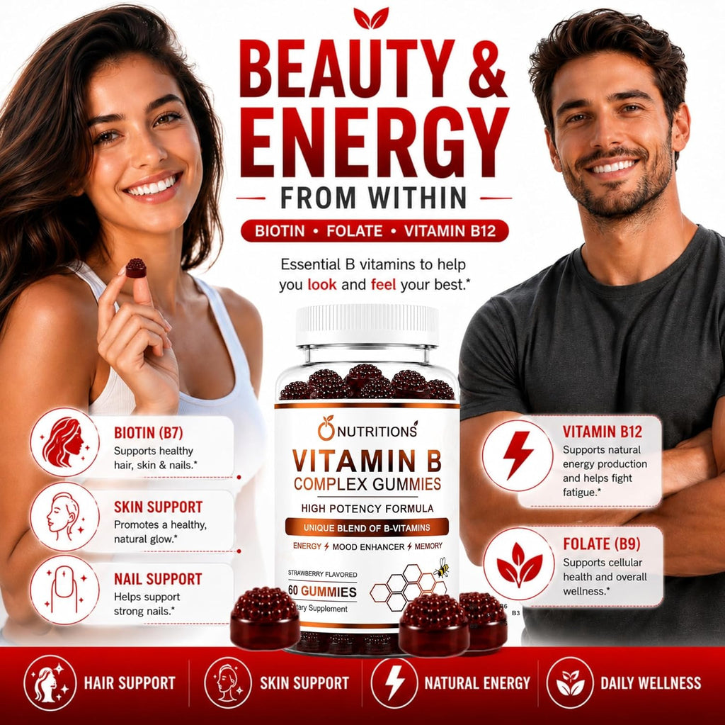 O Nutritions Complejo B Gominolas Veganas con Vitamina B12, Biotina, Folato, Vitamina C – Energía, Estado de Ánimo, Memoria y Enfoque – Apoyo para Cabello, Piel y Uñas – Fresa, 60 Gominolas