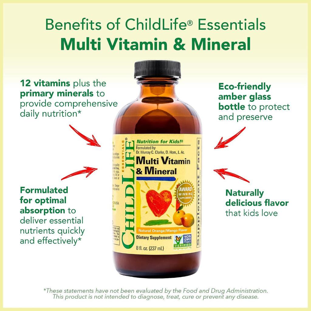 CHILDLIFE ESSENTIALS Multivitamínico y Mineral para Niños - Suplemento Líquido para Bebés y Niños - Sabor Natural Naranja y Mango - 237 ml (Pack de 4)
