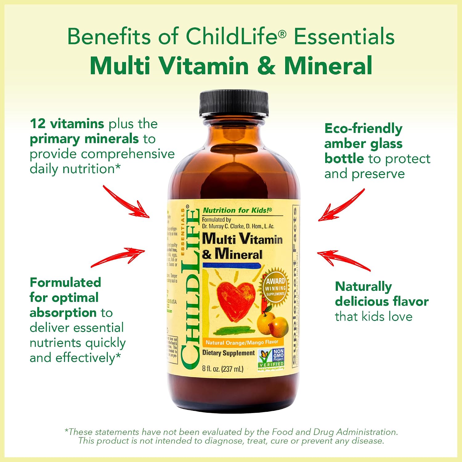 CHILDLIFE ESSENTIALS Multivitamínico y Mineral para Niños - Suplemento Líquido para Bebés y Niños - Sabor Natural Naranja y Mango - 237 ml (Pack de 4)