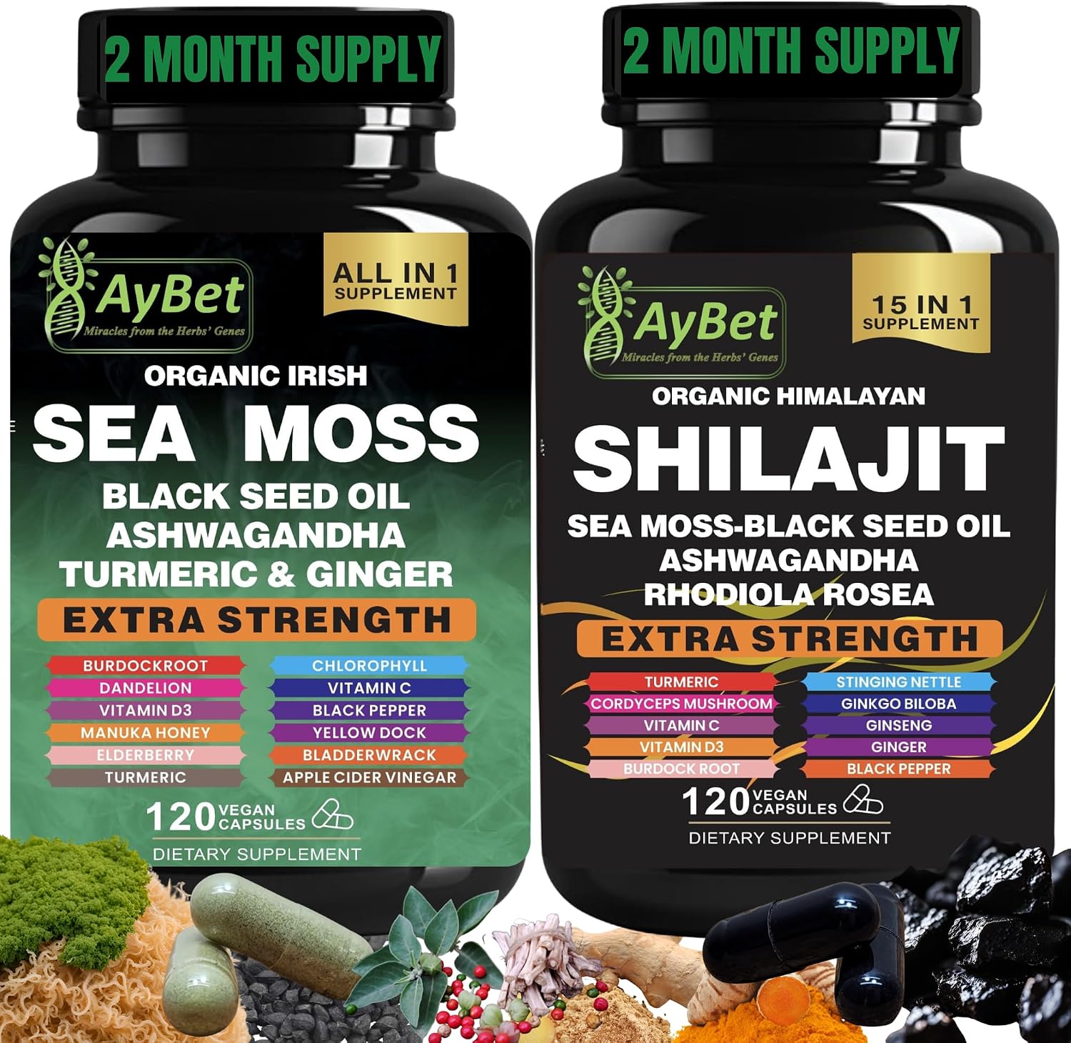 AyBet Sea Moss y Shilajit del Himalaya – Fórmula Herbal 22 en 1 con Ashwagandha, Cúrcuma, Jengibre – Minerales y Antioxidantes – Cápsulas Orgánicas, Halal, Veganas – 120 Unidades