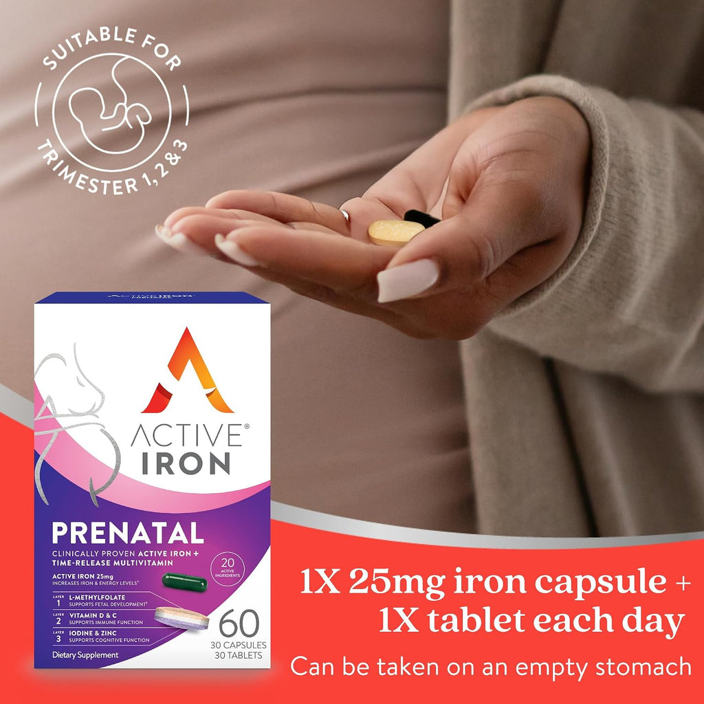 Active Iron Hierro 25mg + Multivitamínico Prenatal, 30 Cápsulas + 30 Comprimidos