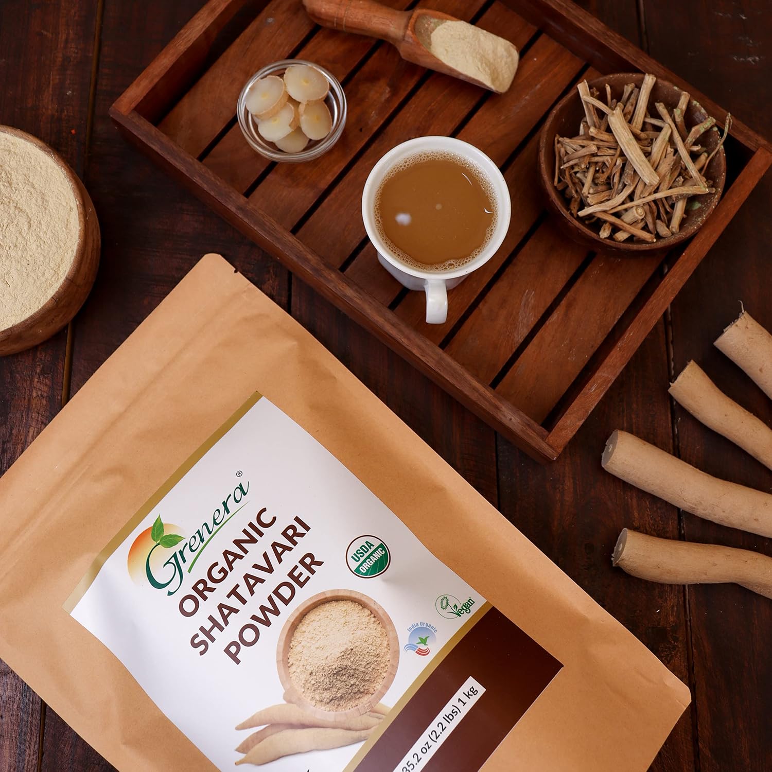 Grenera Organic Shatavari Powder - Raíz de Shatavari Orgánica USDA - Un Solo Ingrediente, Sin OGM, Sin Gluten - Asparagus racemosus - Fácil de Mezclar - Bolsa Resellable de 1 kg