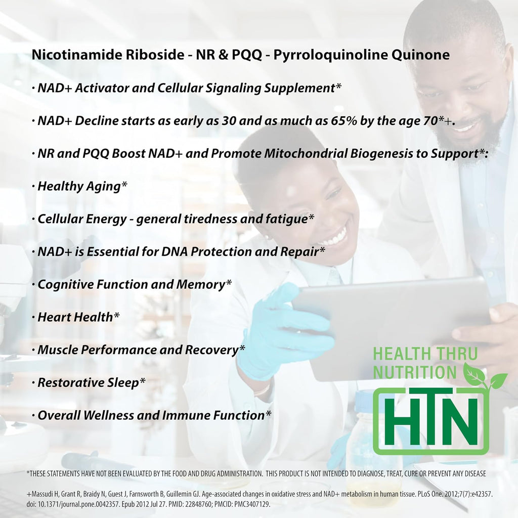 Health Thru Nutrition Activador NAD+ con NR y PQQ | 300mg Nicotinamida Ribósido + 20mg PQQ | 60 Cápsulas