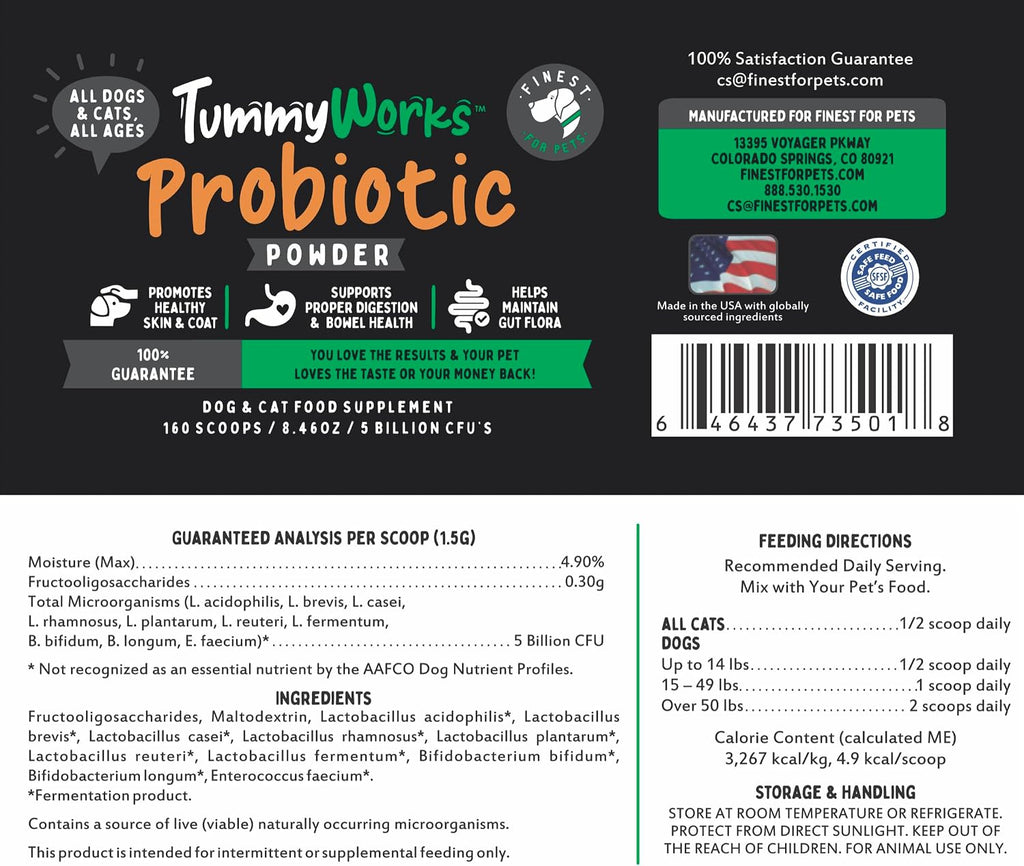TummyWorks Probióticos para Perros y Gatos - 160 Dosis en Polvo con 10 Cepas, 5 mil millones de UFC, Enzimas y Prebióticos