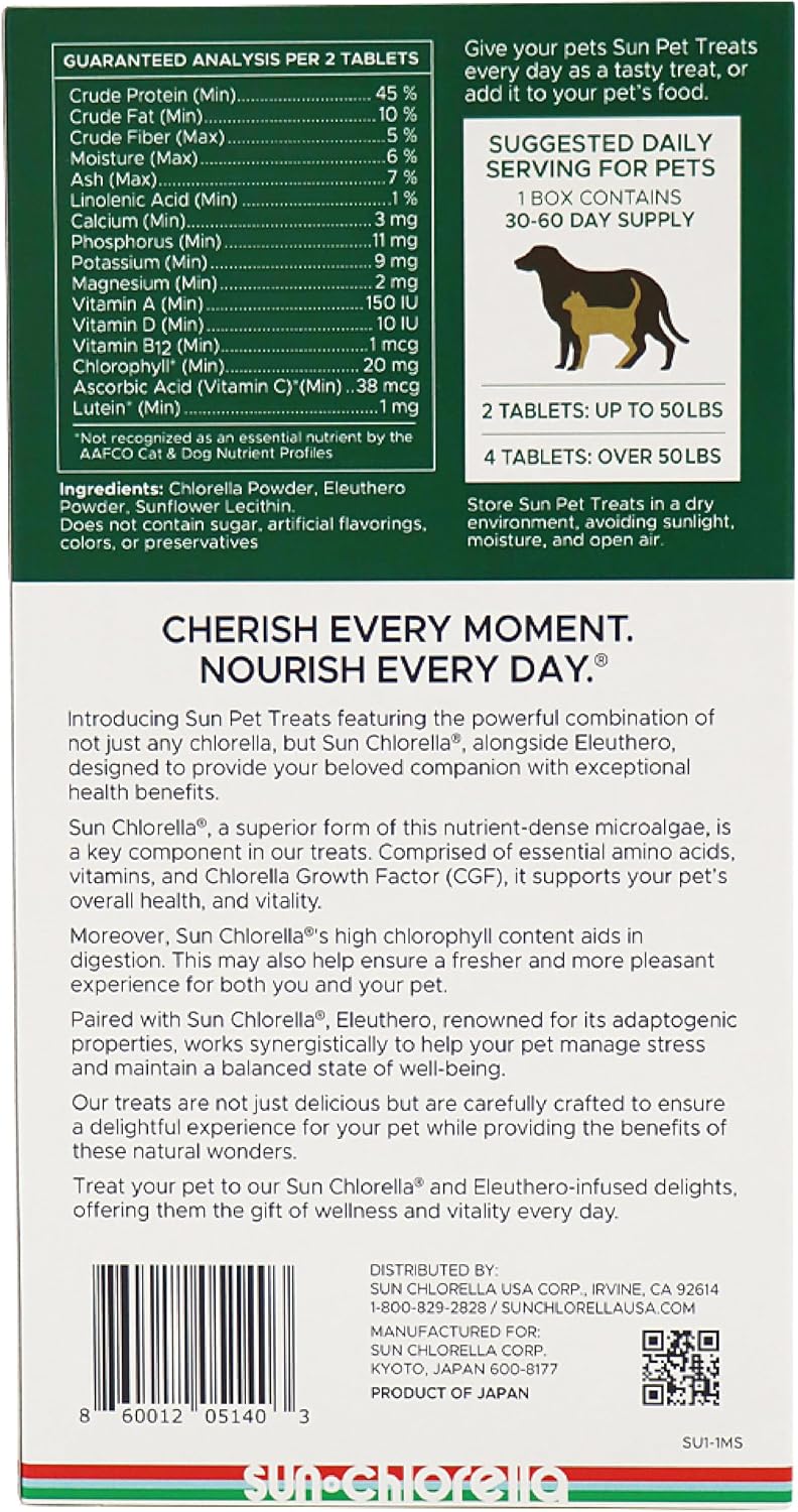 Sun Chlorella Sun Premios para Mascotas - Suplemento verde superfood para perros y gatos - 120 premios