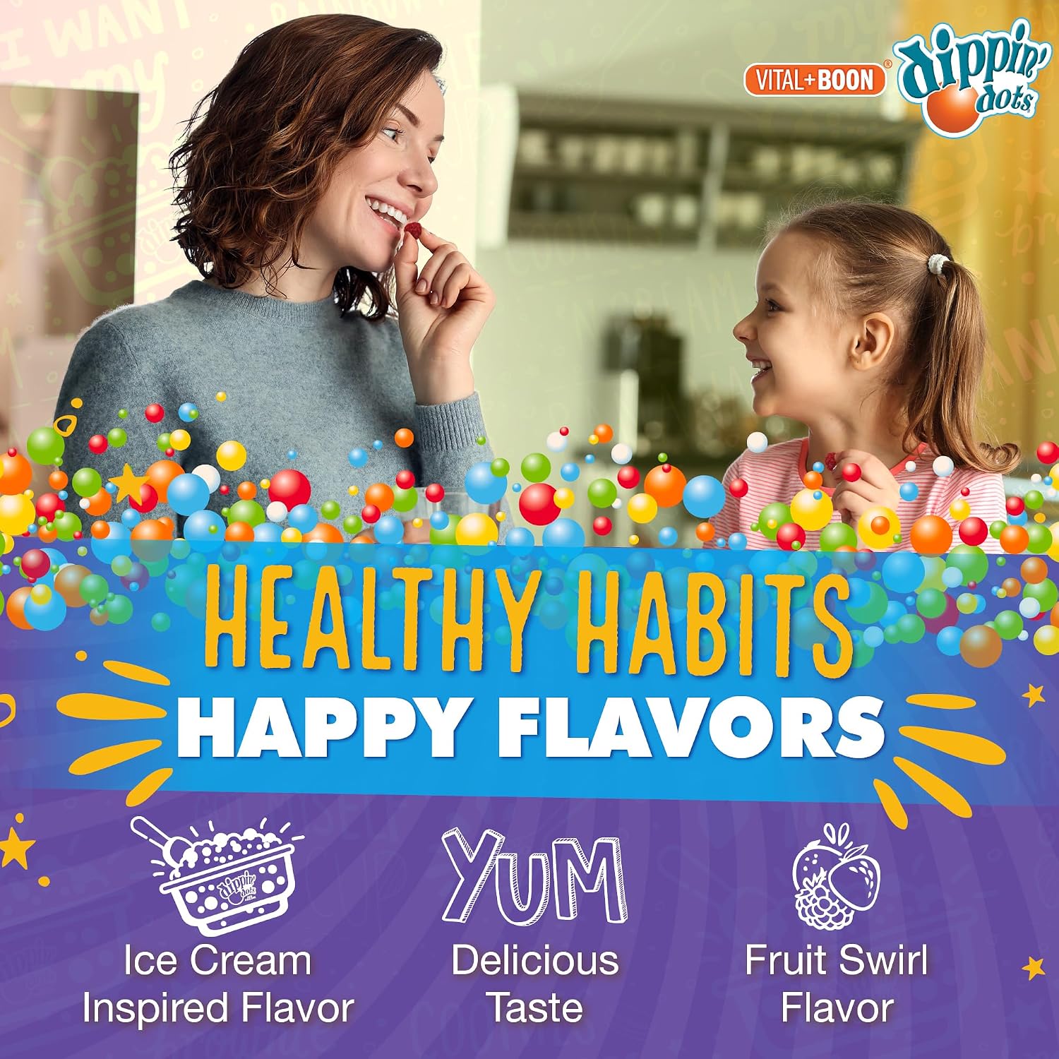 Vital+Boon Dippin' Dots - Gominolas Multivitamínicas para Adultos - Vitaminas A, B6, C, D3, E y Ácido Fólico - Vegetarianas, No GMO, Sin Gluten (60 Unidades)