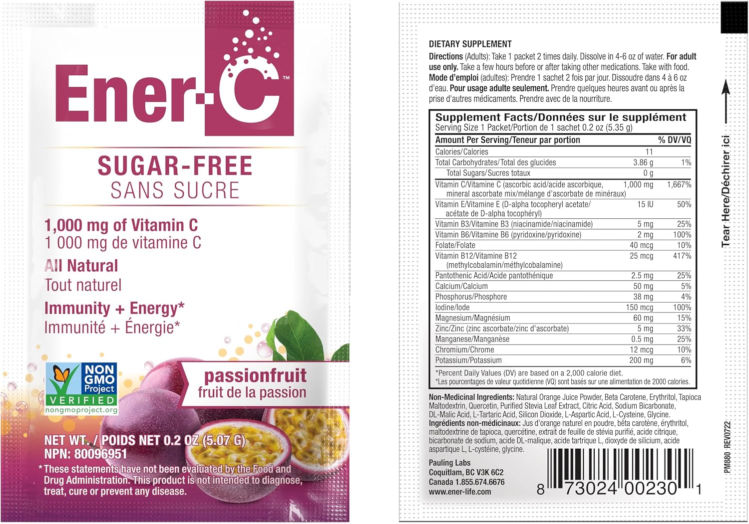 Ener-C Sugar Free Multivitamin Drink Mix - Sabor Maracuyá, 60 Sobres | Mezcla de Vitaminas y Electrolitos sin Azúcar