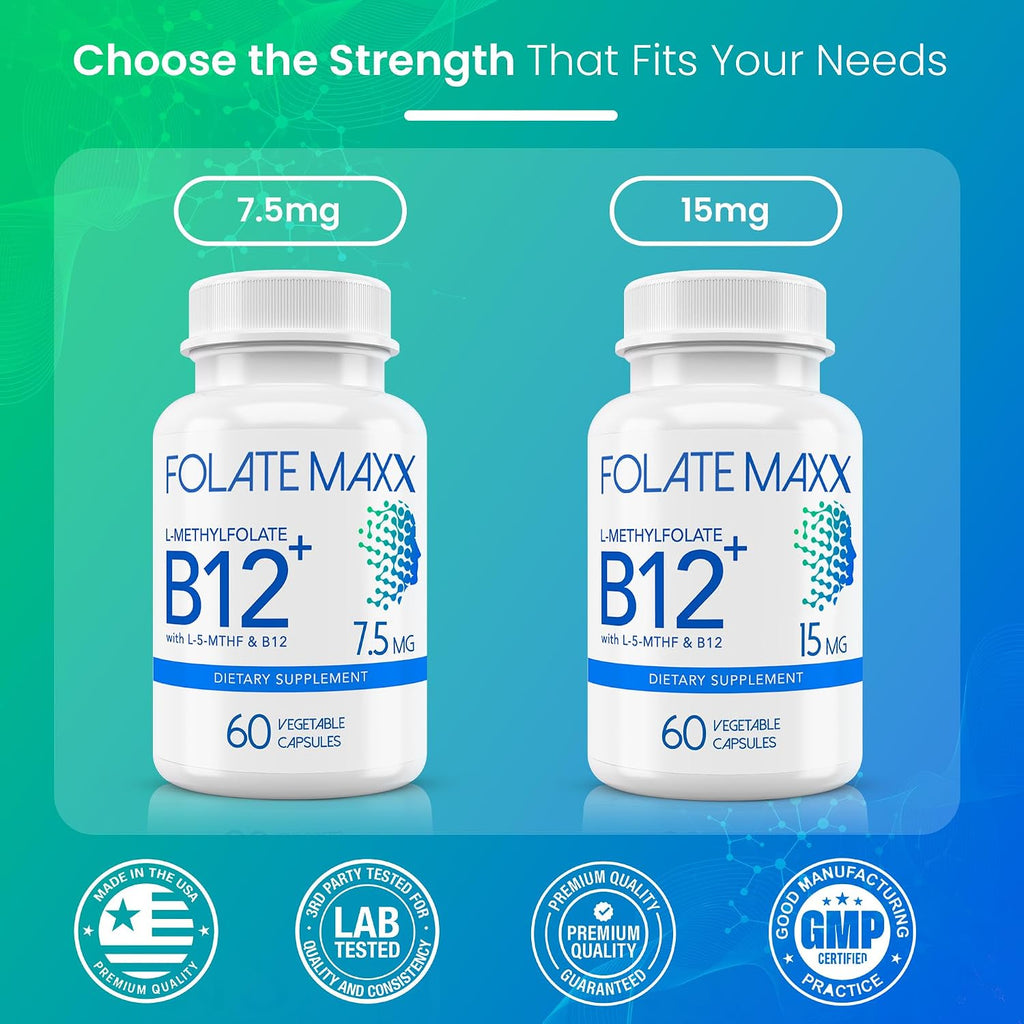 L-Methylfolate 7.5mg con B12 Metil - 60 Cápsulas - 5-MTHF con B12 Metilcobalamina para el Estado de Ánimo, Metilación y Cognición - Formas Bioactivas de Vitamina B9 y B12 - Suministro para 2 Meses