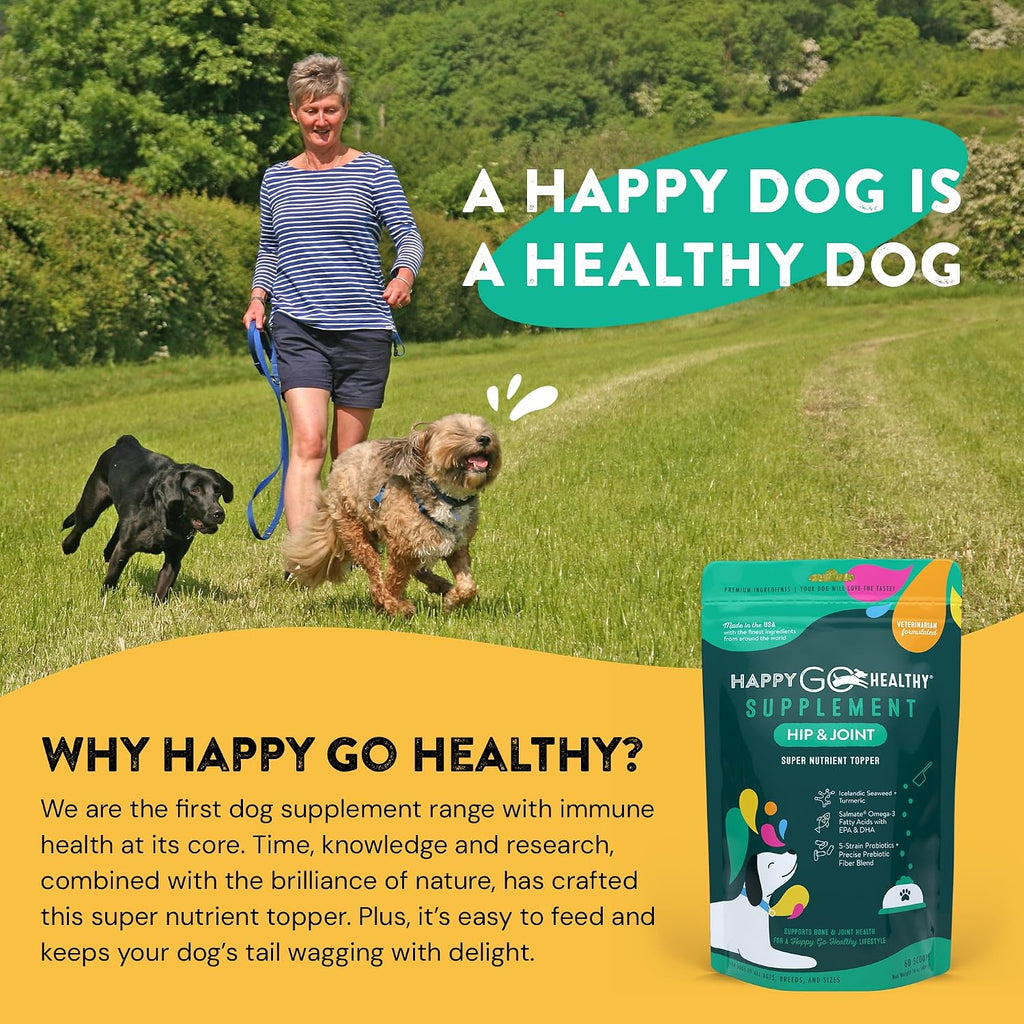 Suplemento para Articulaciones y Cadera para Perros | Happy Go Healthy | Apoya la Salud Articular y Movilidad | Ingredientes Naturales, Cobertura de Comida | 60 unidades