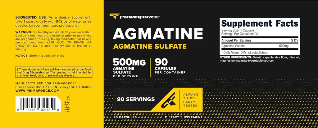 Primaforce Sulfato de Agmatina 500 mg, 90 Cápsulas - Suplemento No-GMO, Sin Gluten