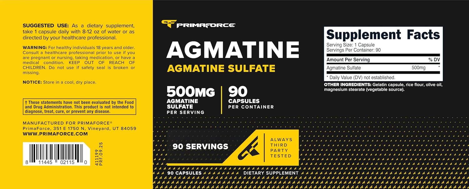Primaforce Sulfato de Agmatina 500 mg, 90 Cápsulas - Suplemento No-GMO, Sin Gluten