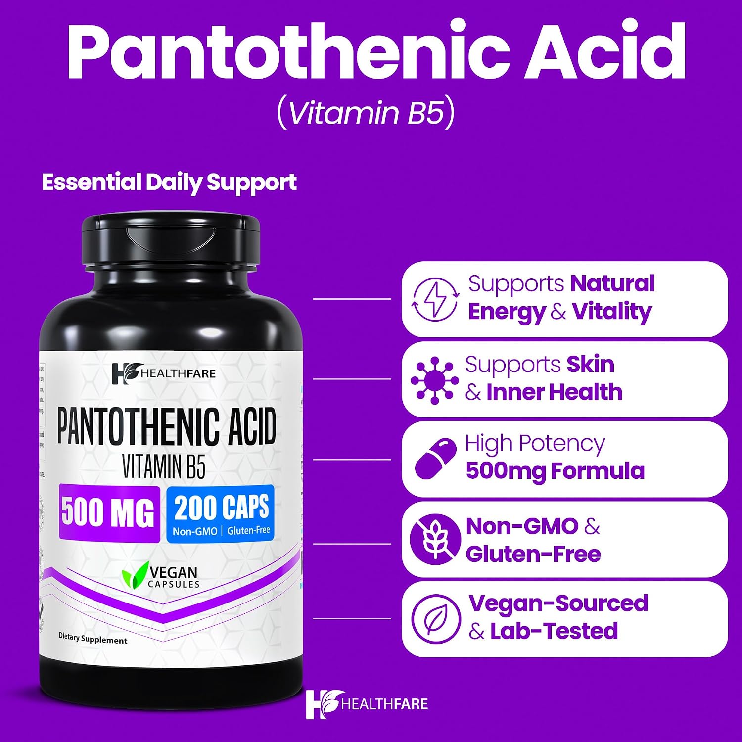 Healthfare Ácido Pantoténico 500mg Vitamina B5 | 200 Cápsulas Veganas