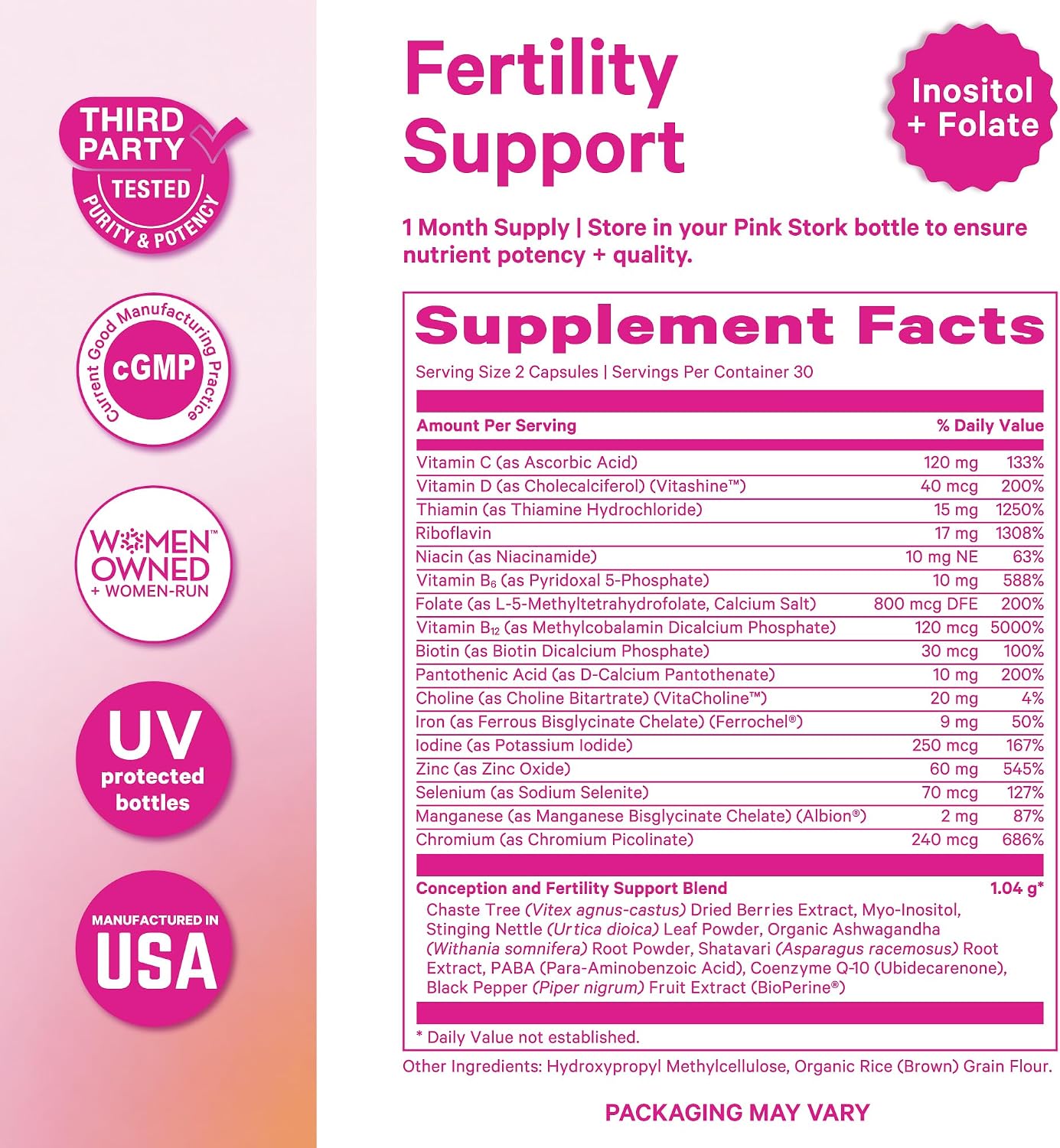 Pink Stork Fertility Support - Suplemento de Fertilidad para Mujeres, 60 Cápsulas