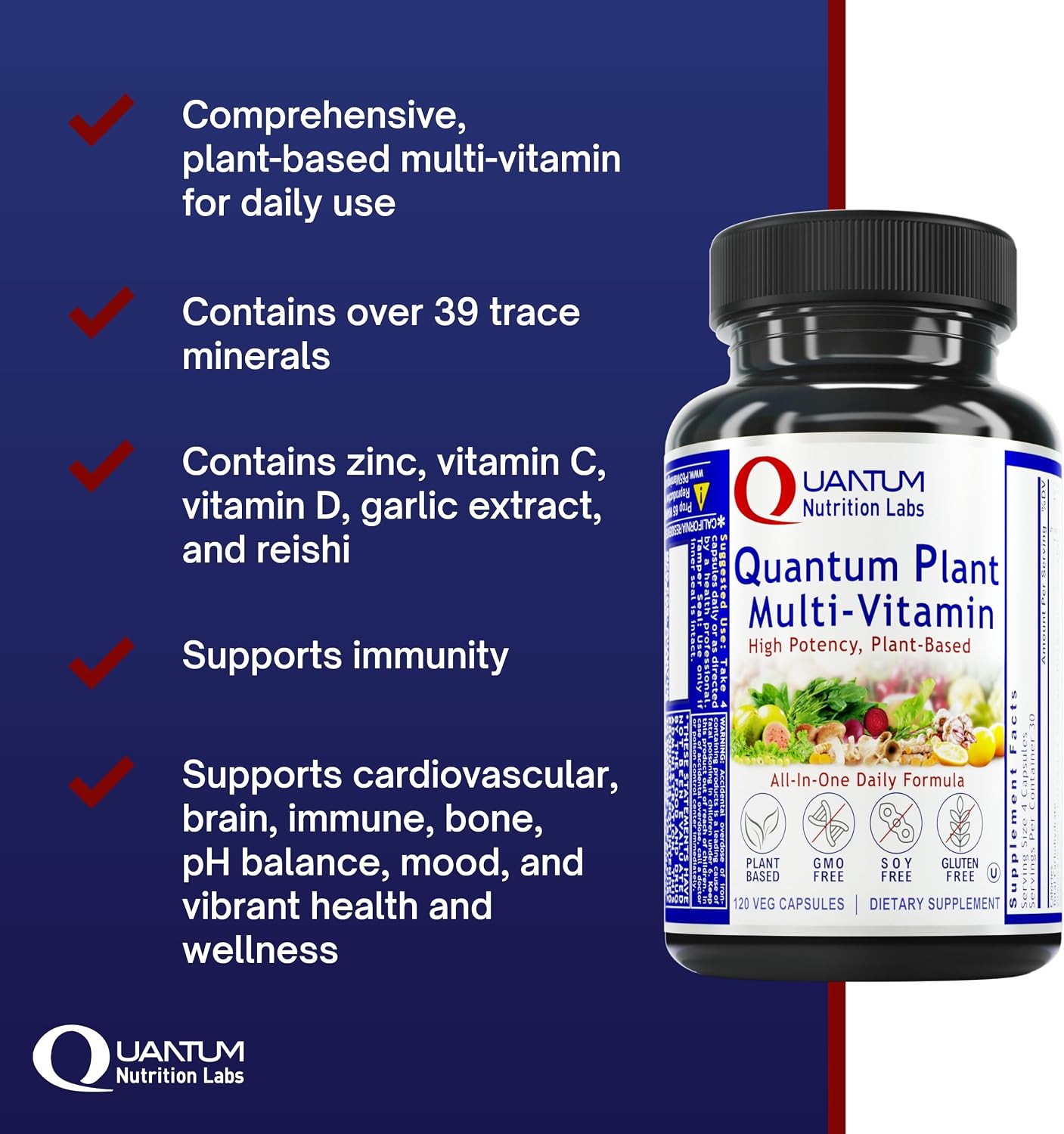 QNL Quantum Plant Multi-Vitamin - Multivitamínico Completo de Origen Vegetal - 120 Cápsulas