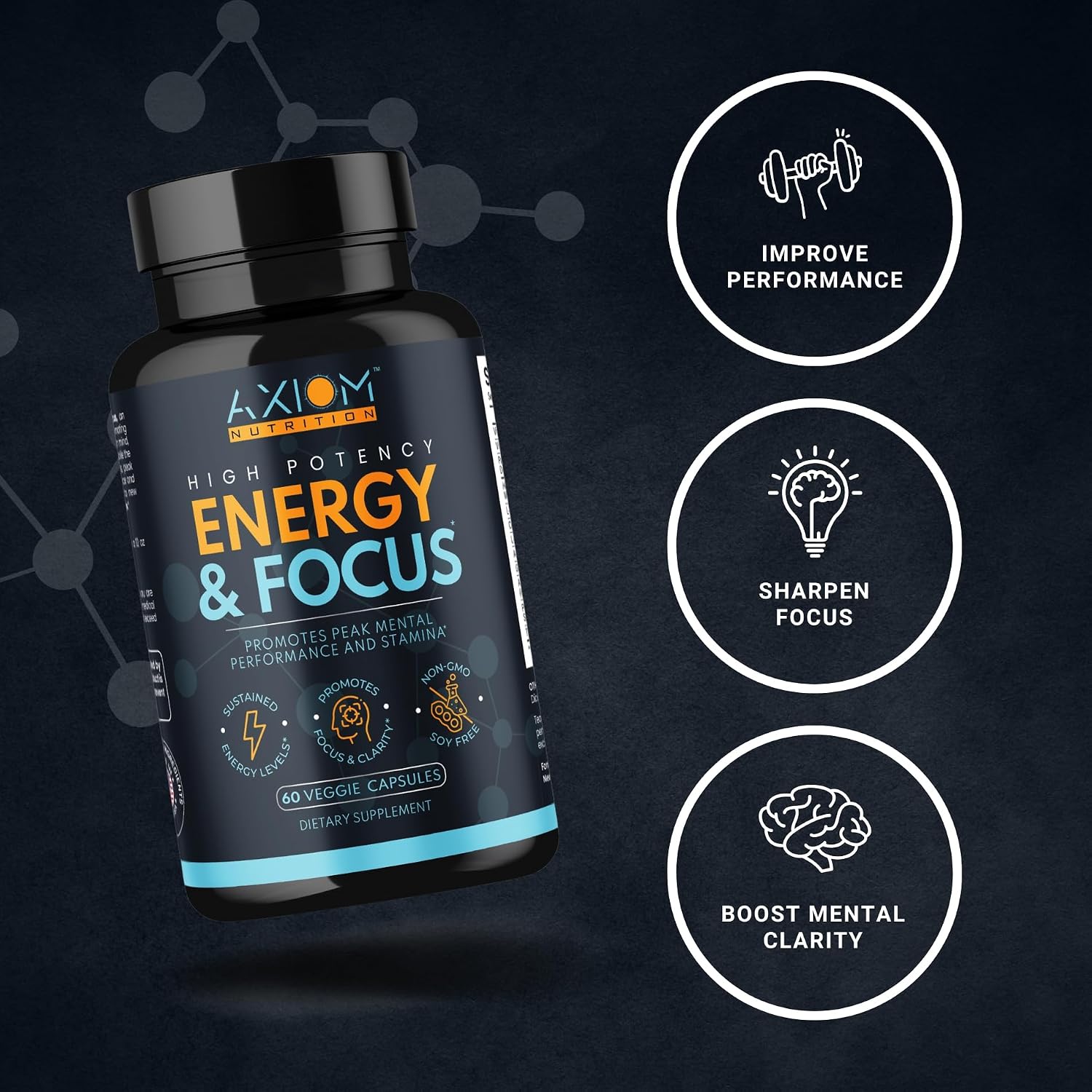 Axiom Nutrition Energy and Focus Extra Strength - 200mg Cafeína y Melena de León, 60 Cápsulas