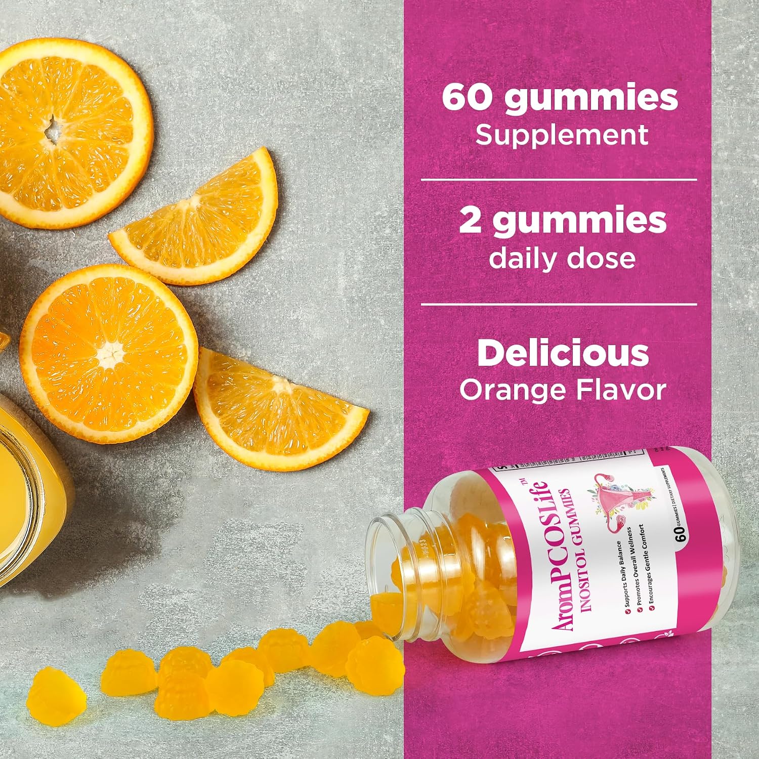 AromPCOSLife Gominolas de Inositol para Mujer, 60 Gomitas, Myo-Inositol con Folato y Vitaminas B6 y B12, Sabor Naranja