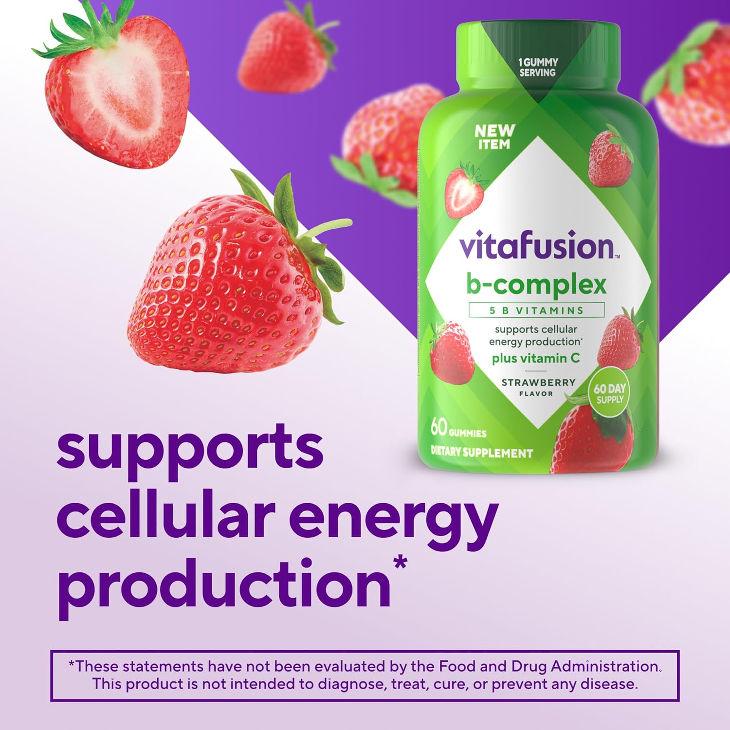 Vitafusion Complejo B Gummies – 60 Gomitas para Adultos con Vitamina C, Sabor Fresa