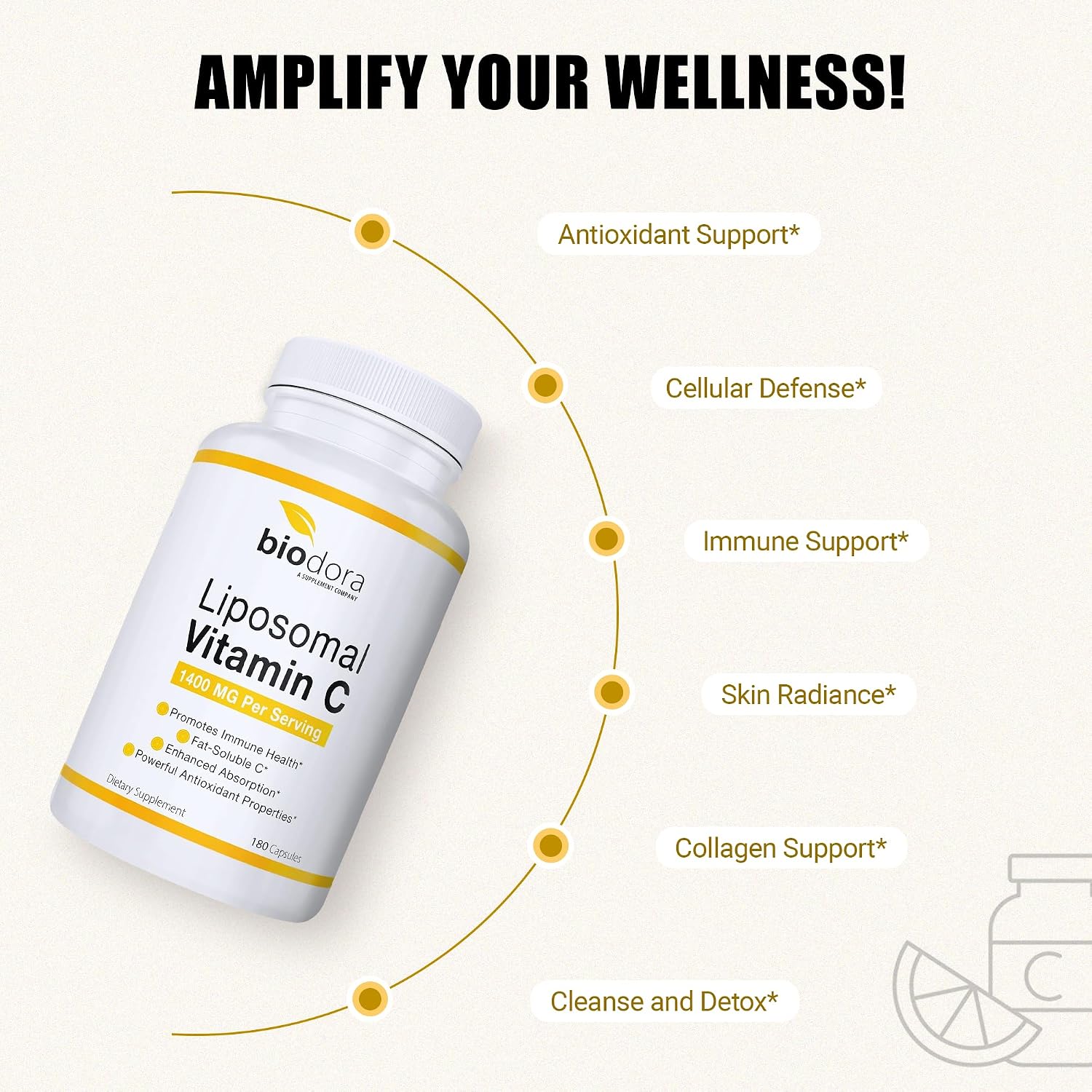 Vitamina C Liposomal, 1400 mg por dosis, 180 cápsulas