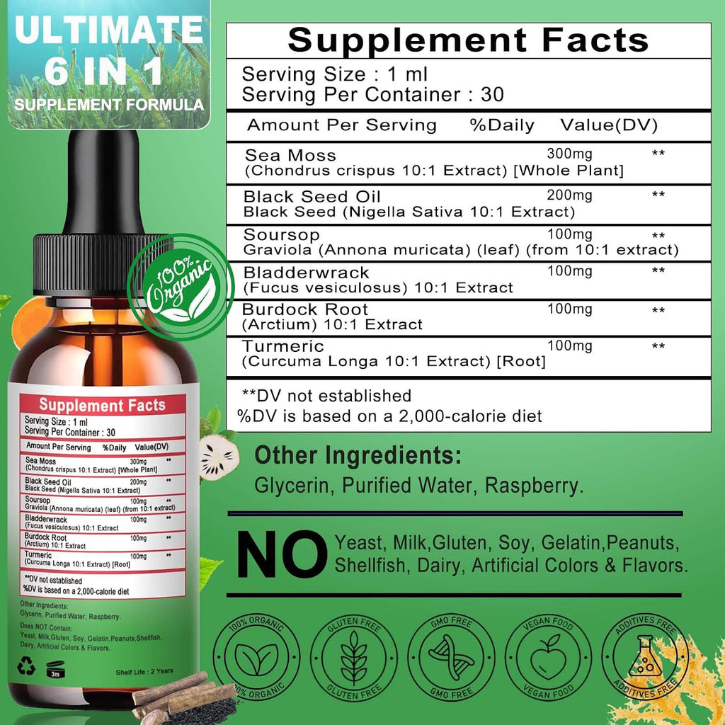 Sea Moss con Aceite de Semilla Negra y Soursop - Gotas Líquidas Multimineral y Vitaminas - Suplemento Superfood Orgánico No-GMO