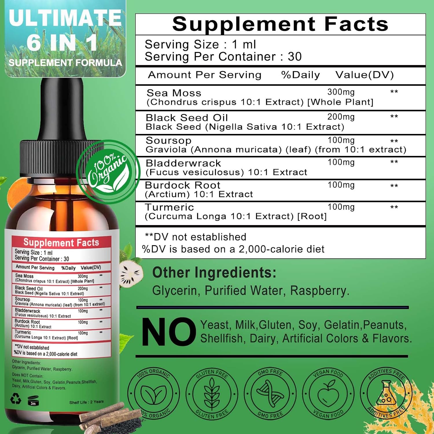 Sea Moss con Aceite de Semilla Negra y Soursop - Gotas Líquidas Multimineral y Vitaminas - Suplemento Superfood Orgánico No-GMO