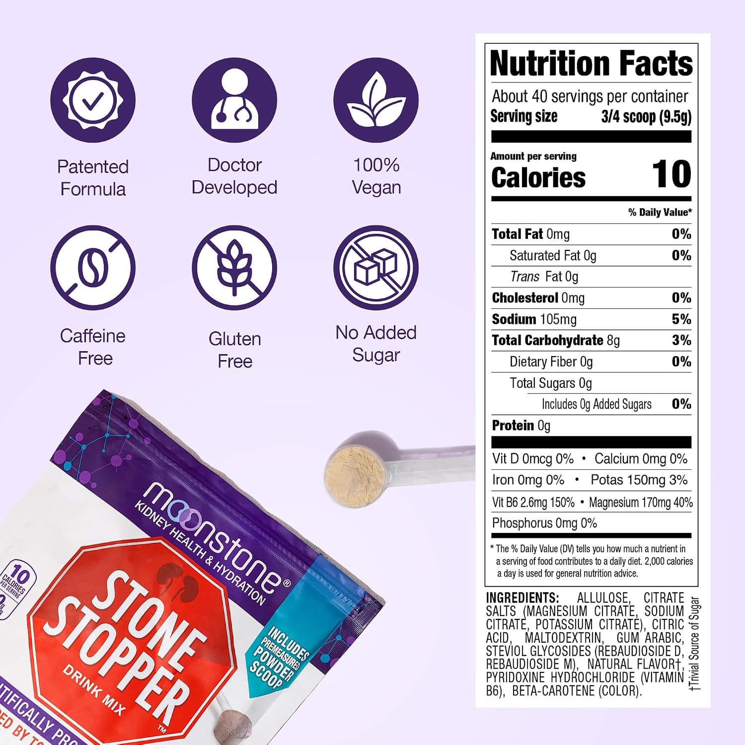 Stone Stopper Drink Mix, Limonada - Suplemento de Citrato Alcalino para la Salud Renal, 30 Dosis