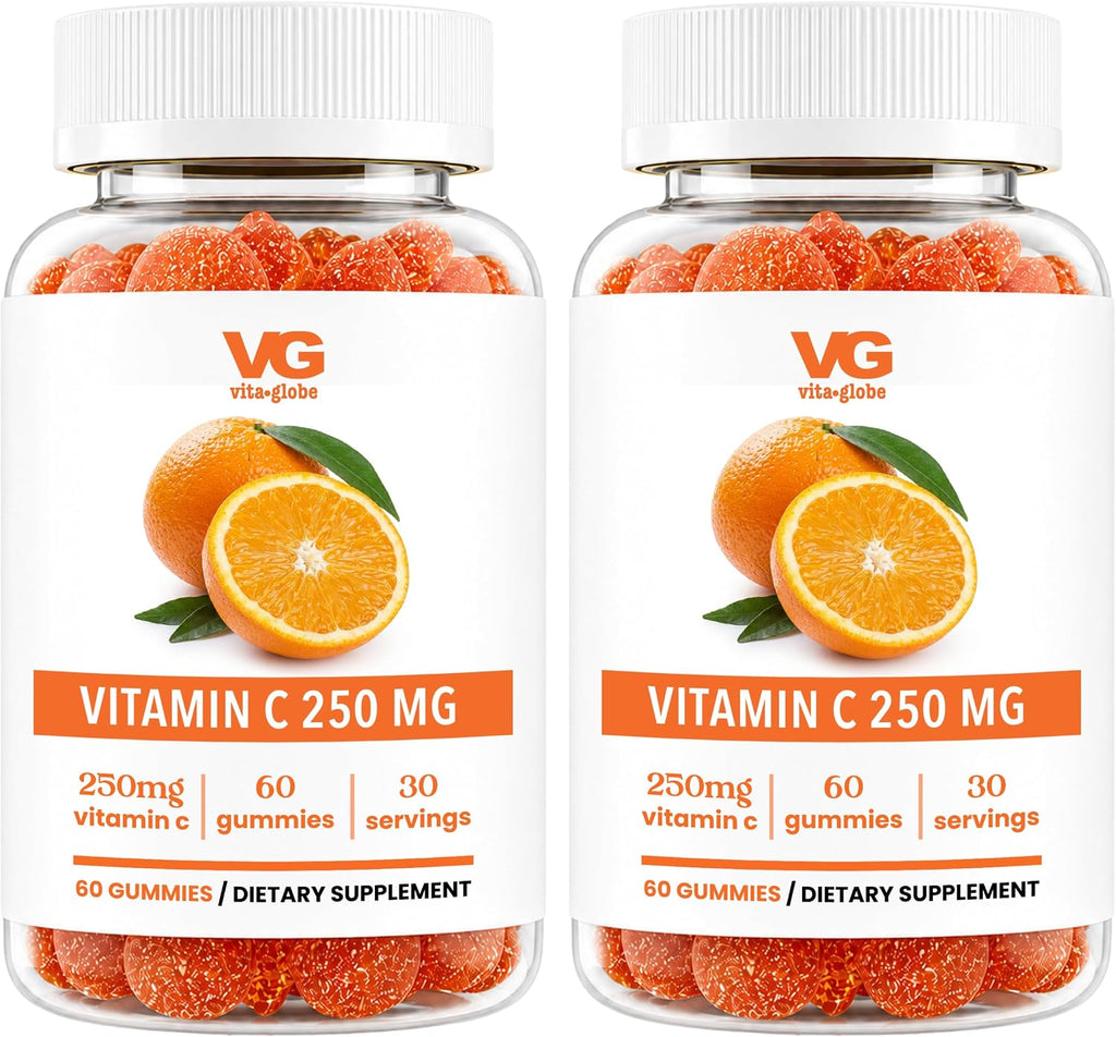 VITA GLOBE Gomitas de Vitamina C 250 mg con Colágeno, Vegano, Sabor Naranja, 60 unidades (Paquete de 2)
