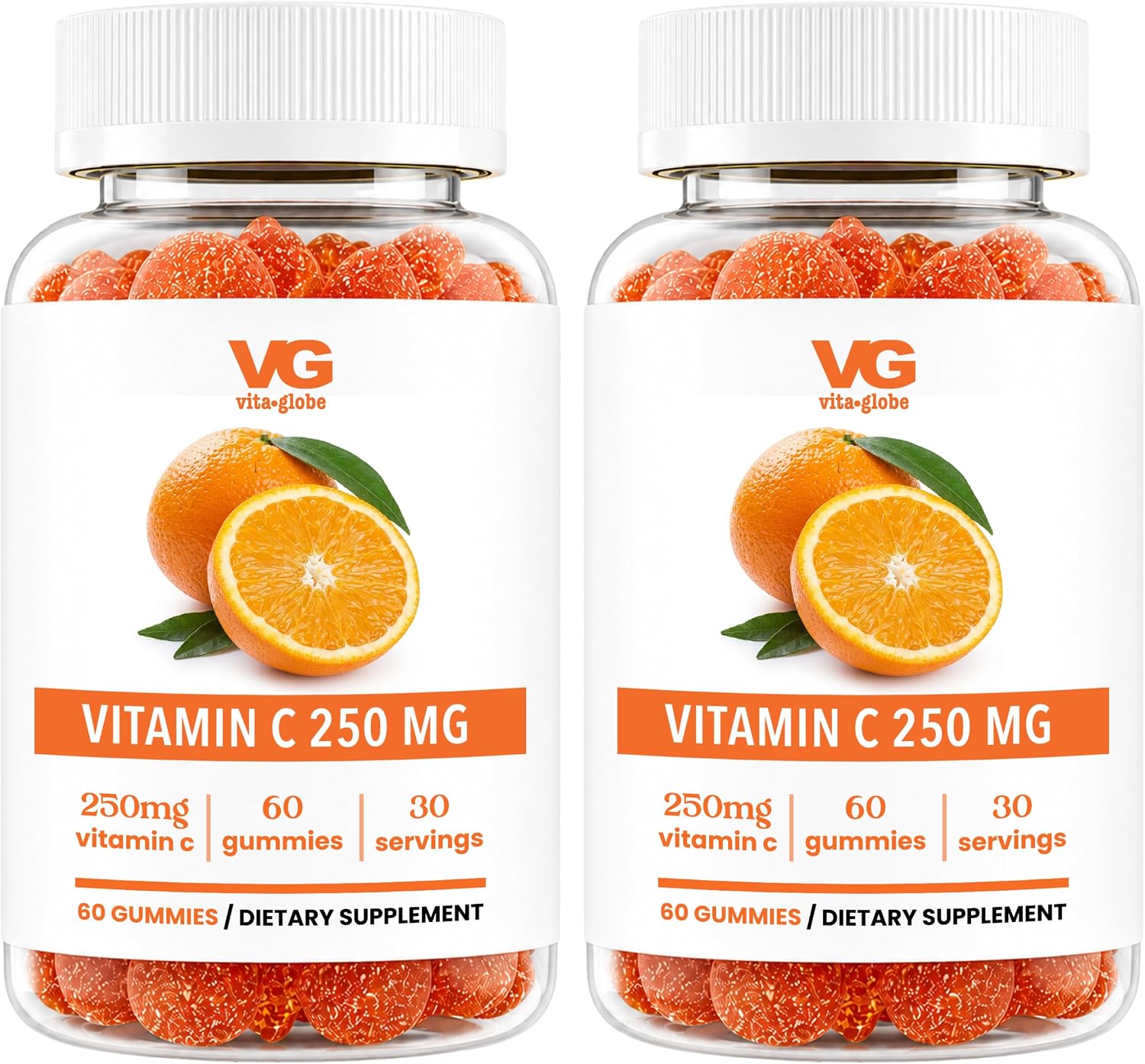 VITA GLOBE Gomitas de Vitamina C 250 mg con Colágeno, Vegano, Sabor Naranja, 60 unidades (Paquete de 2)