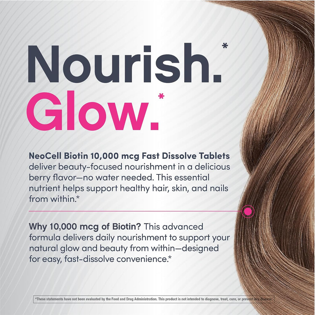 NeoCell Biotin 10000mcg Comprimidos de Disolución Rápida | 180 Comprimidos | Sabor a Bayas | Suplemento para Cabello, Piel y Uñas