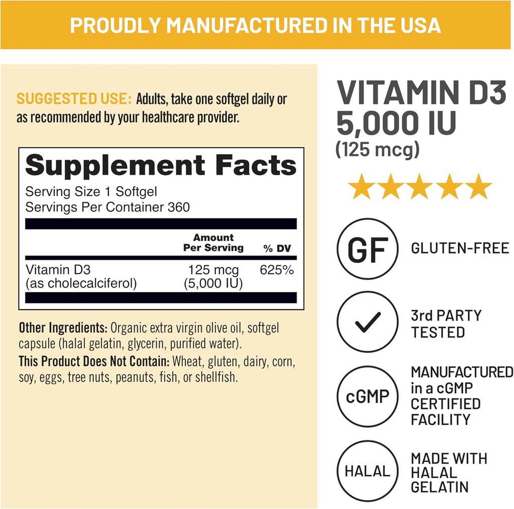 NatureWise Vitamina D3 5000 UI (125 mcg) con Aceite de Oliva Virgen Extra Orgánico - 360 Cápsulas Blandas