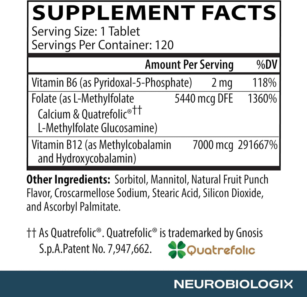 Neurobiologix Methylation Complete, Complejo B Metilado con Metilfolato, Vitamina B12 y B6, 120 Tabletas Masticables