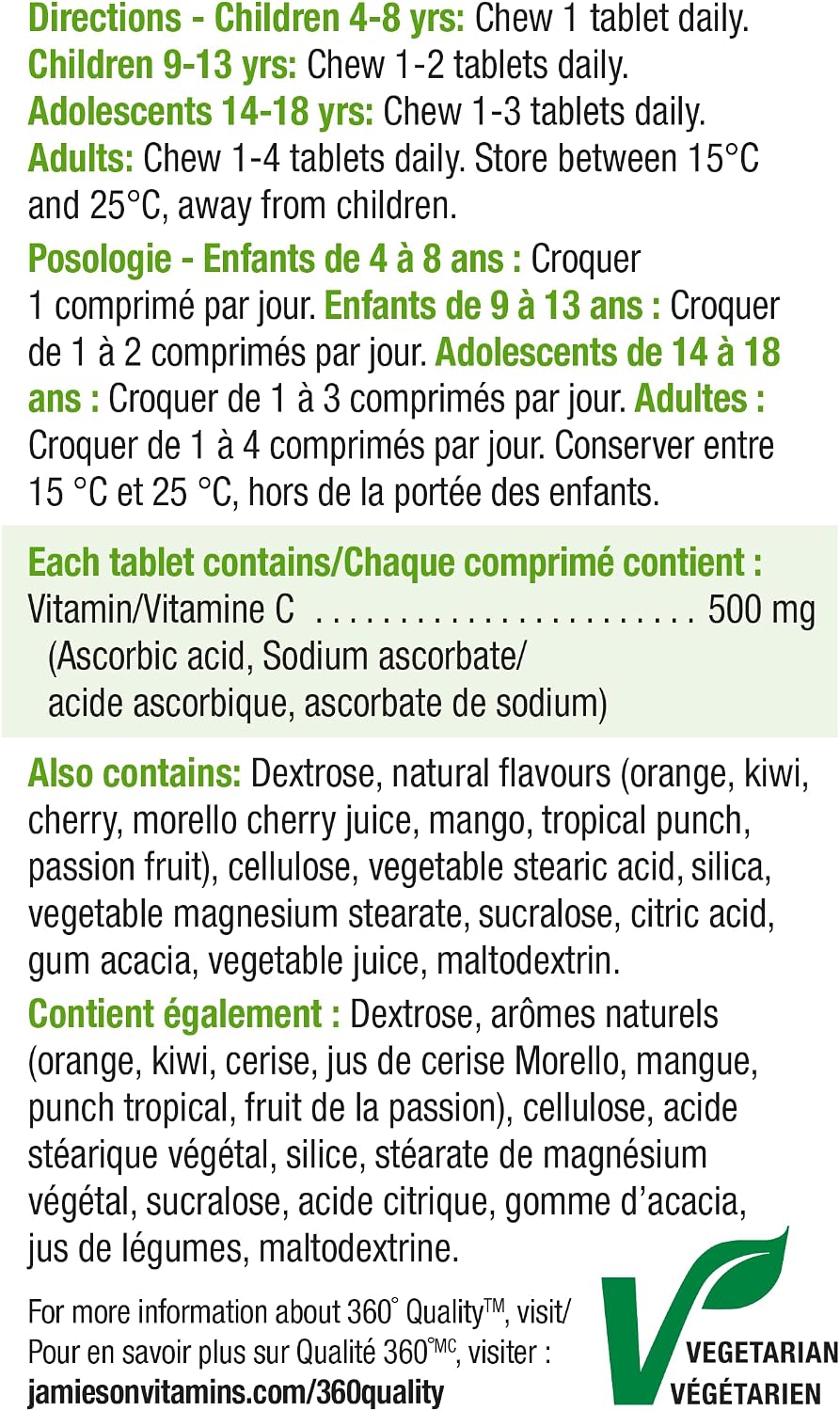 Jamieson Laboratories Chewable Vitamin C 500 mg, 3 Flavours, 120 Tablets