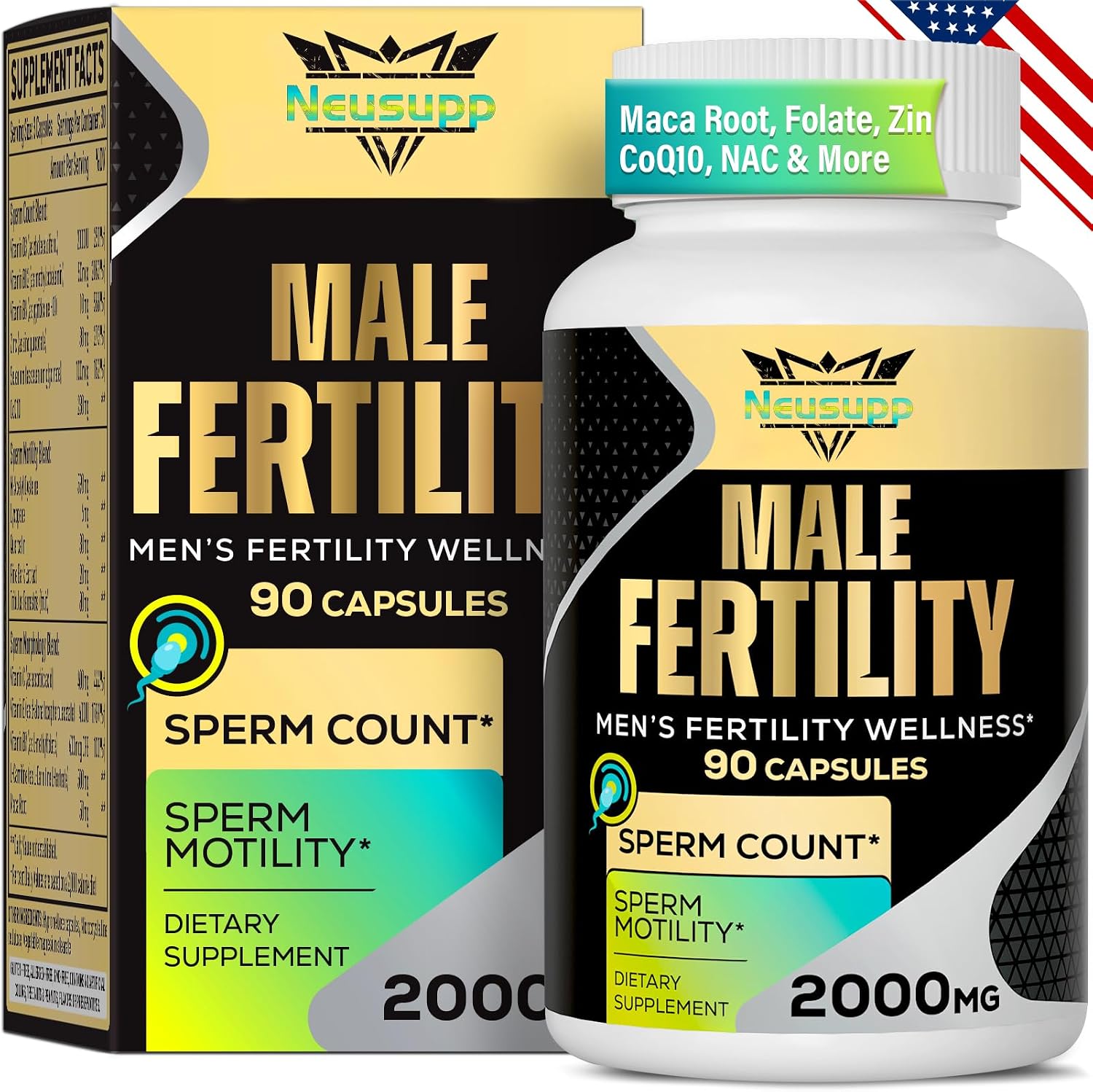 Neusupp Suplemento de Fertilidad Masculina - Vitaminas Prenatales para Hombres con CoQ10, Maca, Zinc, NAC y Folato - 90 Cápsulas